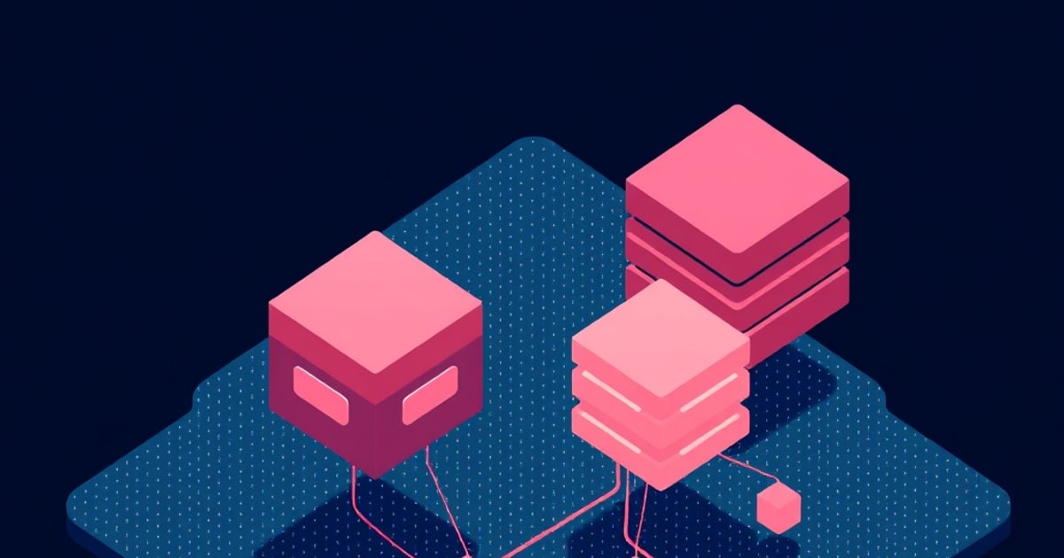 Flat isometric illustration of two stacks of pink slabs and a pink cube with two lit slots, wired together on a speckled blue platform against dark navy.