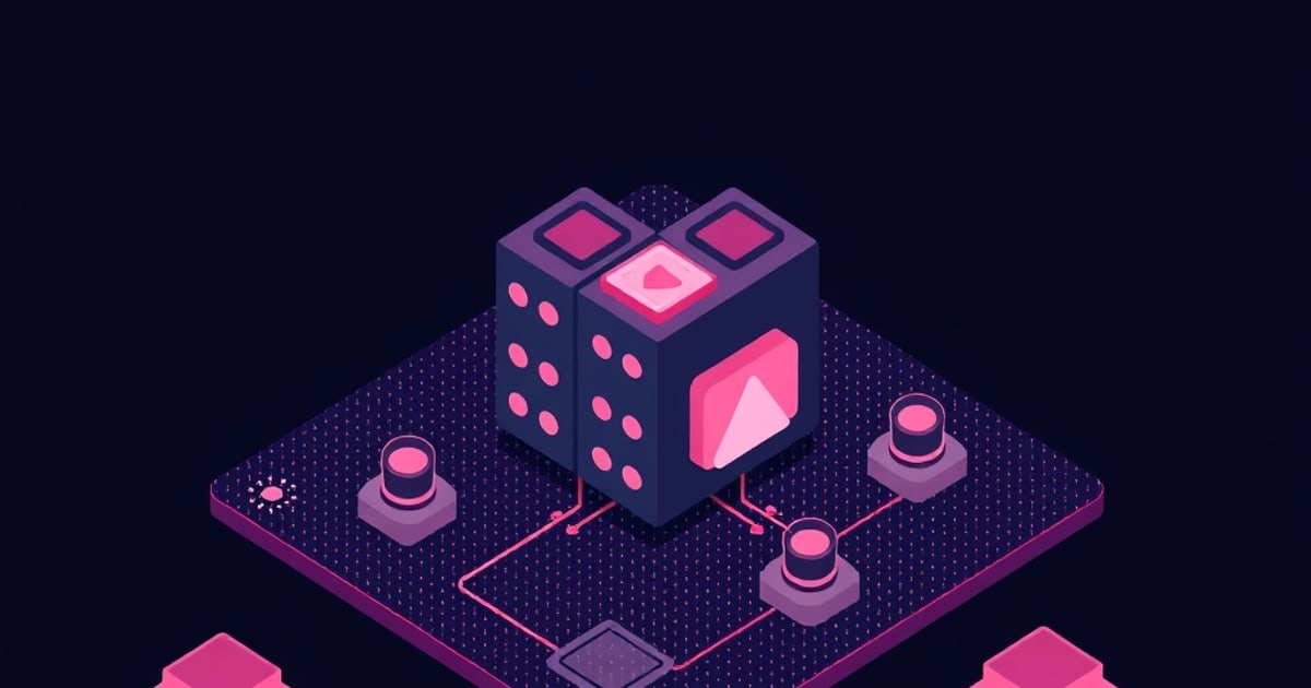 Flat isometric illustration of a large dark cube with pink dot grids and a pink chevron panel on a speckled platform, wired to three cylinder modules and a flat square pad.