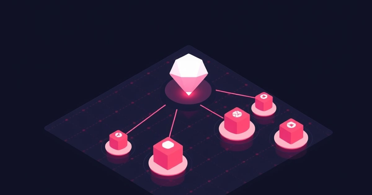Flat isometric illustration of a white faceted gem glowing on a dark diamond platform, pink lines fanning out to five small pink cubes on pale discs.