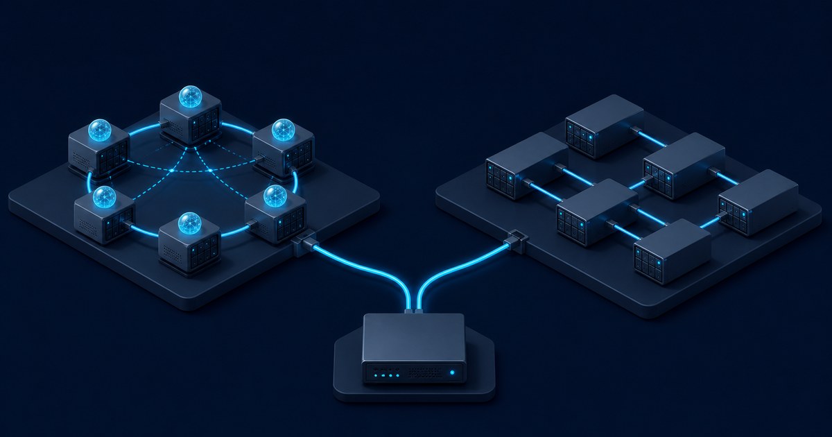 Two isometric server clusters in dark blue, one arranged as a circular ring of glowing orb nodes and the other as a grid of linked rack units, both feeding into a central switch.