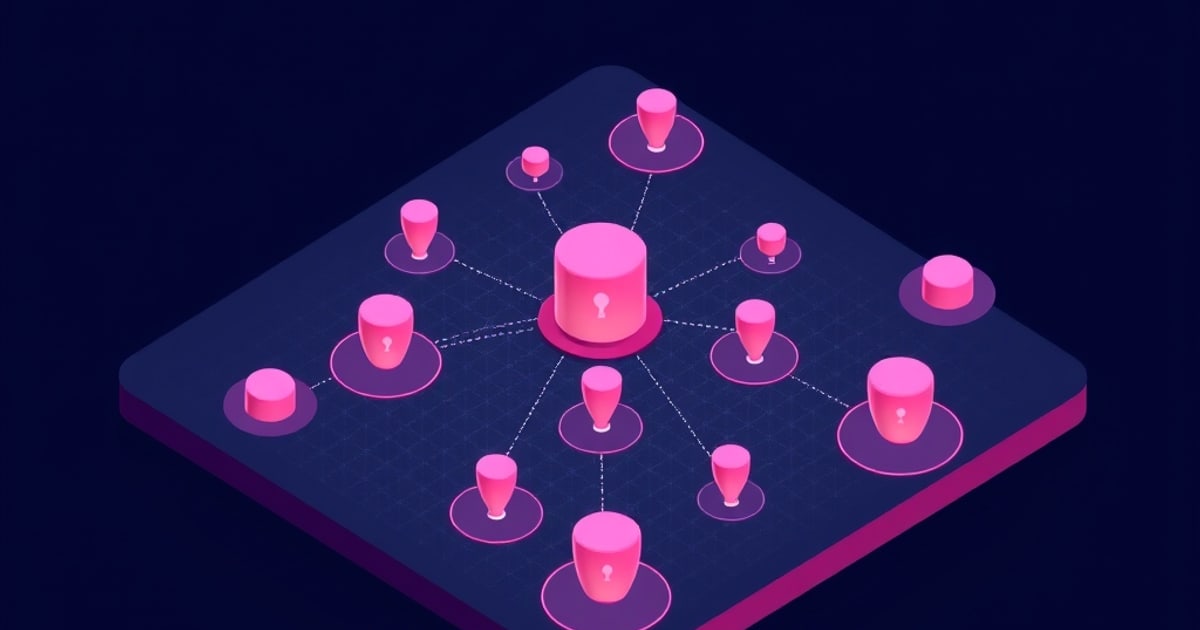Isometric platform where a large central cylinder connects by dashed lines to a dozen smaller nodes on ringed pads, representing Ceph data placement across OSDs