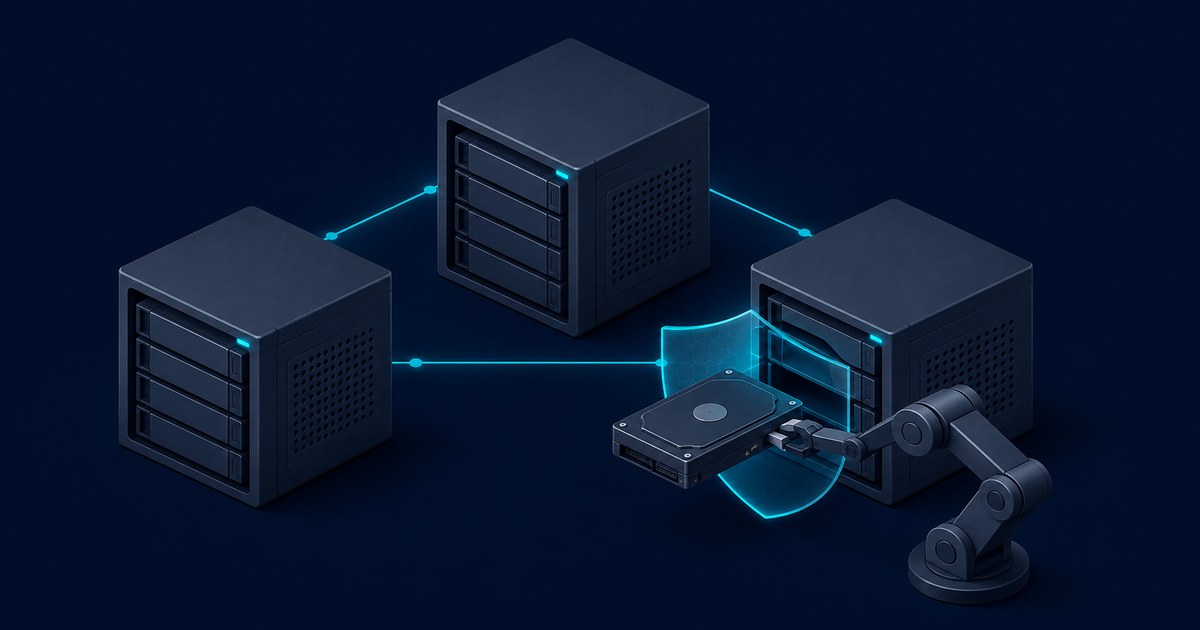 Three networked storage servers surround a shielded hard drive handled by a robotic arm in a dark blue 3D scene.